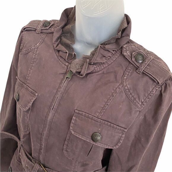 Sanctuary Small Basic Jacket Chocolate Brown Full Zip Front Belted Lace Collar - Picture 6 of 8